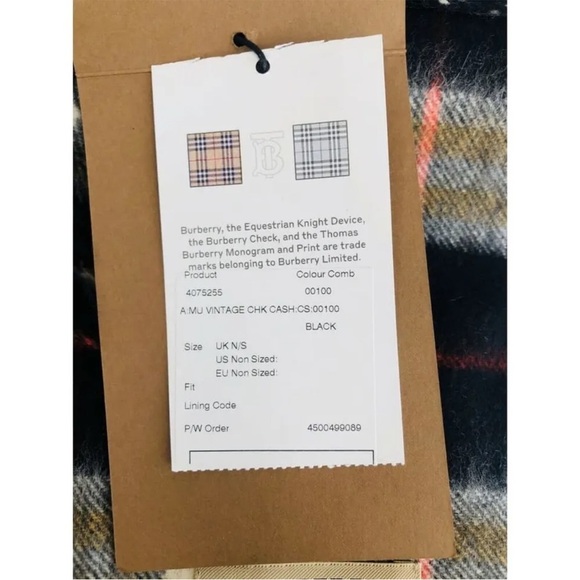 Burberry Cashmere Vintage Check Black Striped Logo Fringed Scarf - Picture 3 of 9